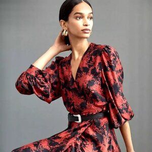 Anthropologie Caballero Maxi Dress Abstract Silky Wrap Midi Red Black XS